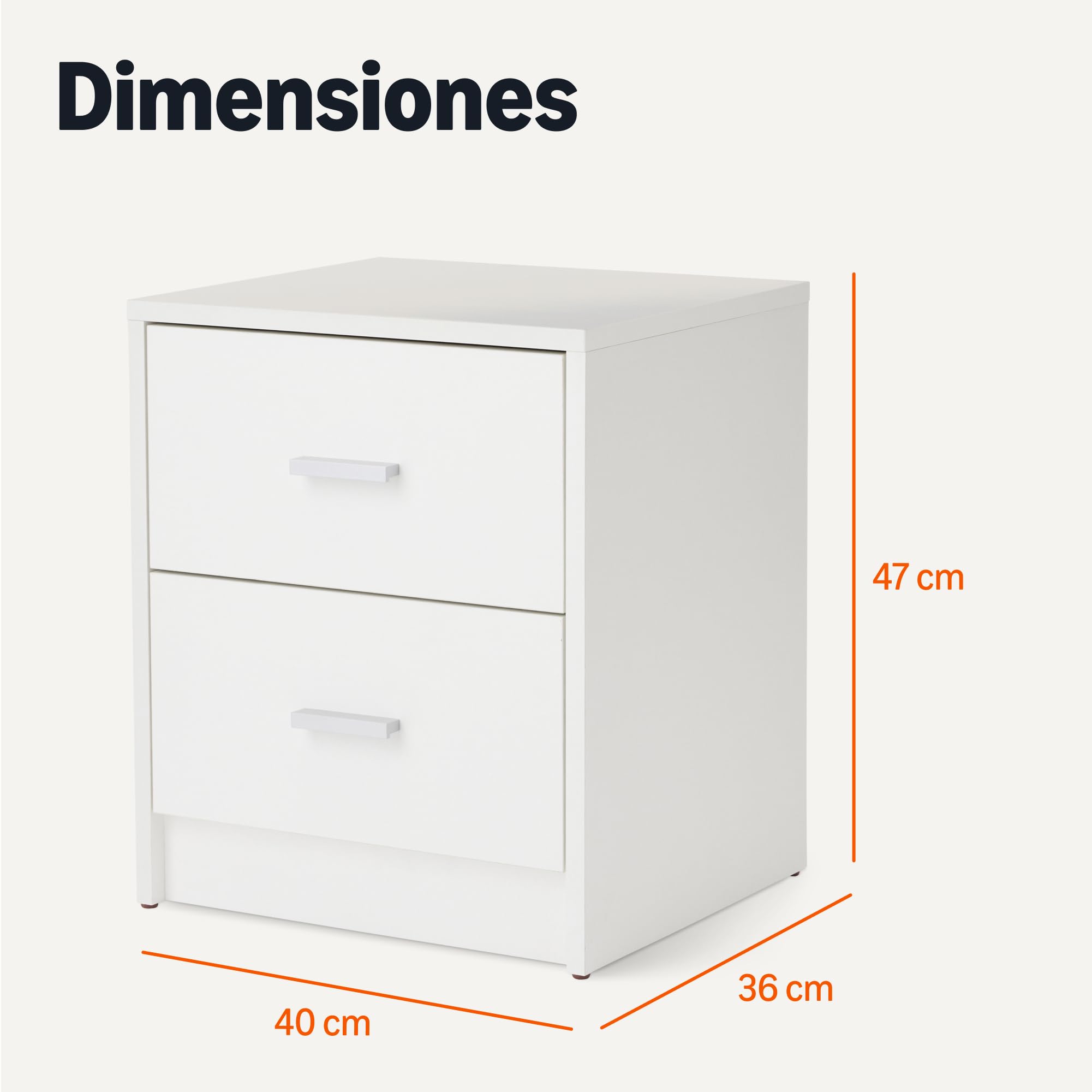Amazon Basics Mesita de Noche, Mesita de Noche con 2 Cajones, Armario de Dormitorio, Blanco, 47 x 40 x 36cm