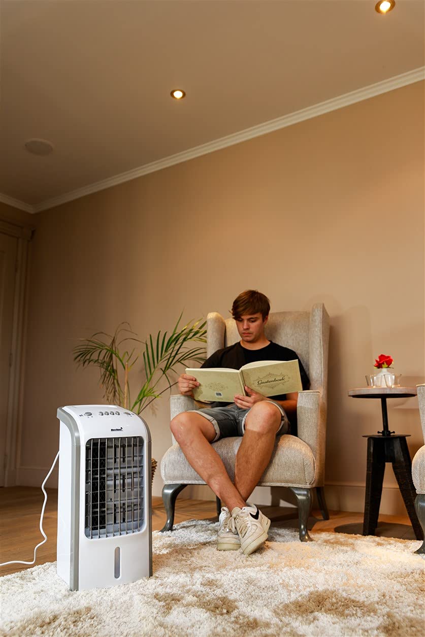 BAKAJI Raffrescatore Rinfrescatore Ventilatore Umidificatore d'aria Air Cooler Massima Potenza 80W Raffreddamento ad Acqua con serbatoio Ghiaccio Acqua, Timer (4 Litri)