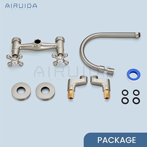Miniatura 9 de Airuida Bruhsed Grifo de fregadero de cocina de níquel con rociador, grifo de cocina montado en la pared, centro de 6 pulgadas, asas dobles de 360