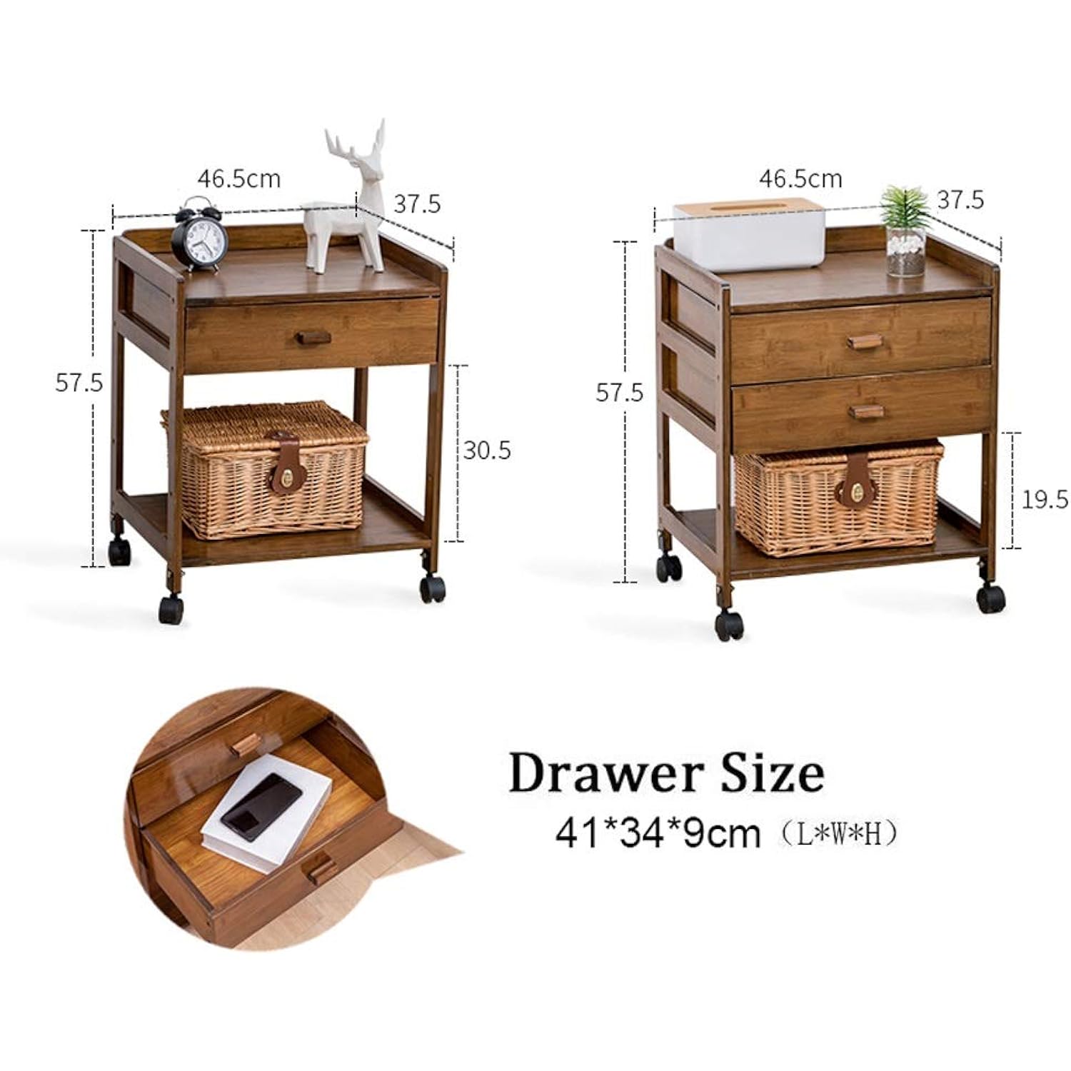 Drawer Night Stand, Rolling Modern Side End Table for