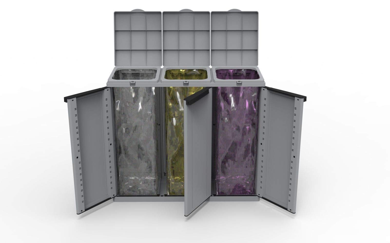 Kreher XXL Gartenschrank, Müllbox mit 3 Türen und Halterung für Müllsäcke. Aus Kunststoff in Grau. Mit Deckel und Türen. Praktisch und Preiswert.