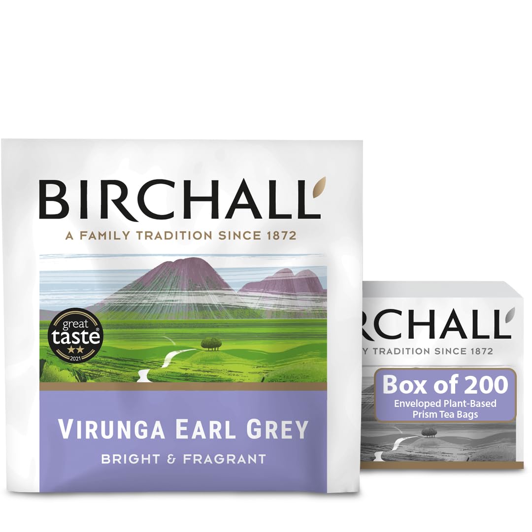 Birchall Tea Bags, Virunga Earl Grey Tea, Afternoon Black Tea Bursting with Full Flavour, Perfect Vegan Gifts, 200 Enveloped Plant-Based Prism Tea Bags x 1 Boxes - 200 Total