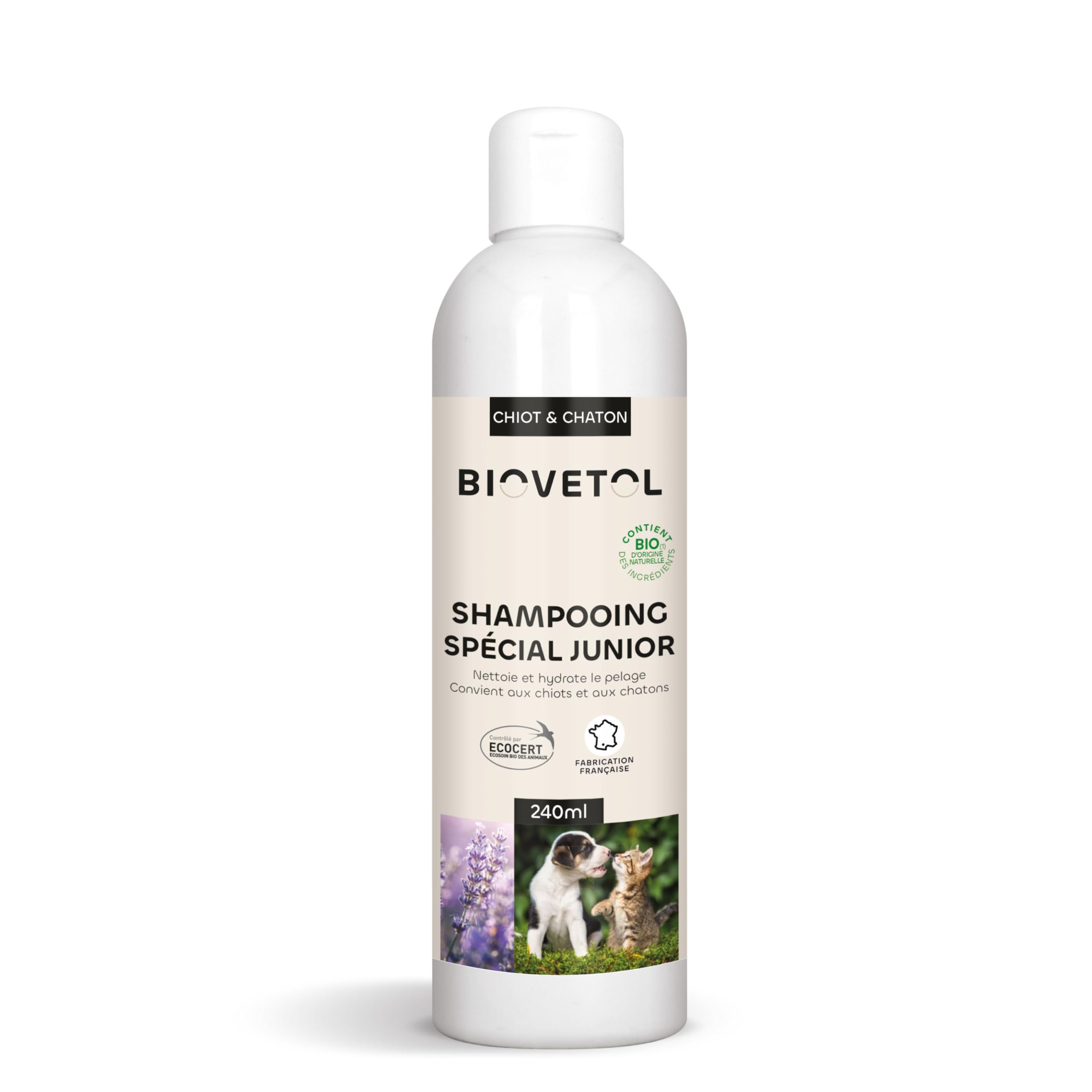 Biovetol - Shampoing pour Chiot & Chaton - Bio Certifié Ecocert - Extra-Doux – Poil Doux - Tous Poils - Enrichi en Kératine Végétale – pH Neutre - Conçu et Fabriqué en France- 240ml