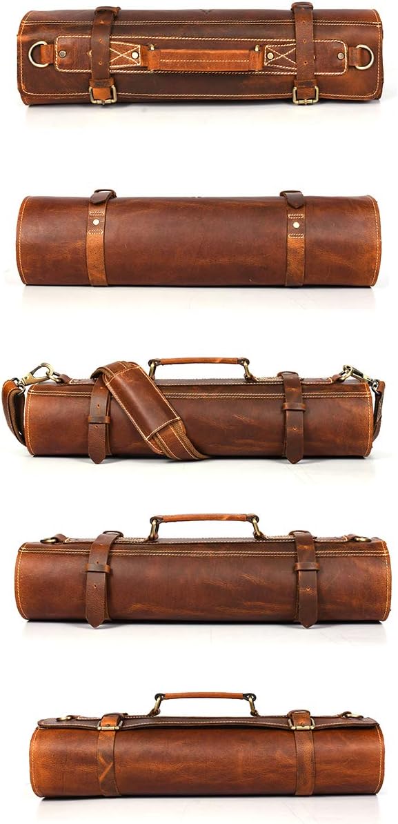 Best Deal Leather Knife Roll Storage Bag, Elastic and Expandable 10 Pockets, Adjustable/Detachable Shoulder Strap, Travel-Friendly Chef Knife Case (Leather - Light Brown)