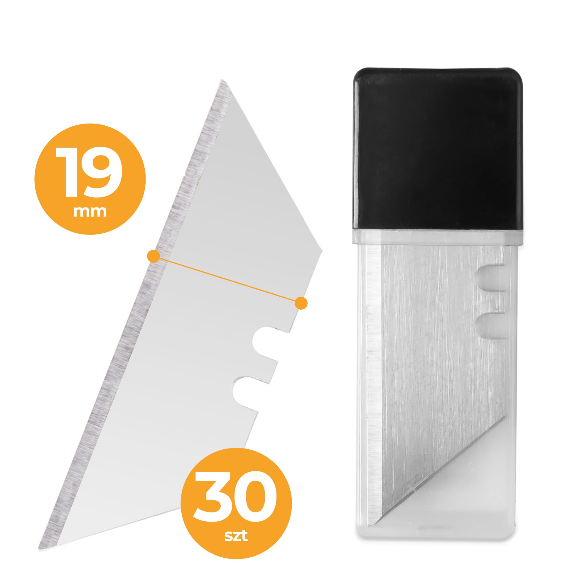 30x Ostrza Wymienne Trapezowe 19 mm Zapasowe Noża Nożyka Tapicerskiego Tapet Tapeciaka Ostre Mocne Trwałe Uniwersalne Cięcia Tworzywa Dywanów Kartonu Papieru