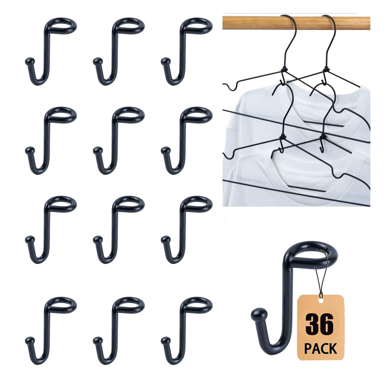 Koobay Black 36Pcs Clothes Hanger Connector Hooks, Heavy Duty Extender Clips Organizer Mini Space Saving Clothes Hanger Extender Cascading Connection Hooks For Wooden Velvet Metal Plastic Hangers (Black)