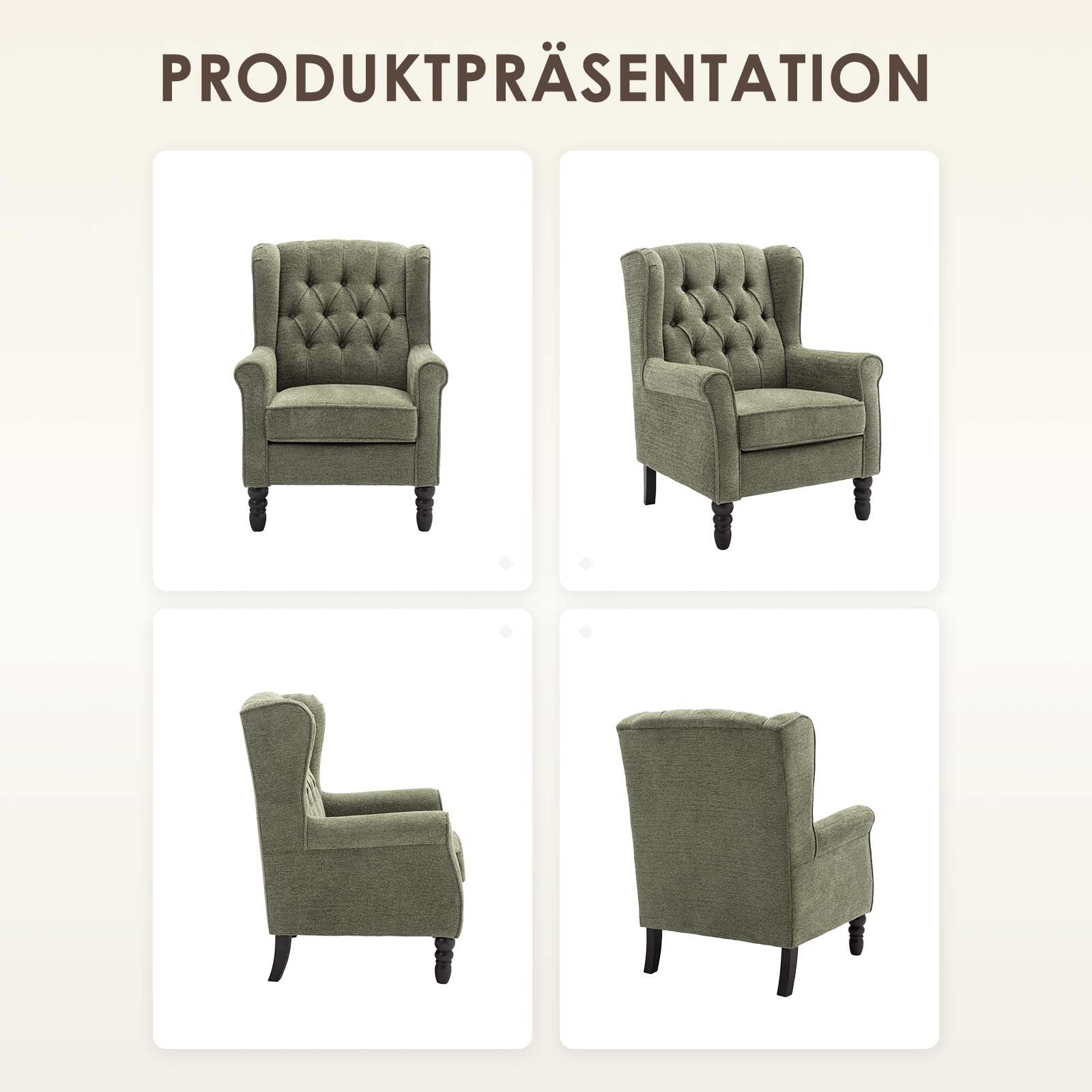 COLAMY Mid-Century Modern Sessel Wohnzimmer, Gepolsterter Wingback-Sessel mit Knopfsteppung, loungesessel Bezug aus Gewebe mit Massivholzbeinen für Wohnzimmer, Büro, Café - Grün