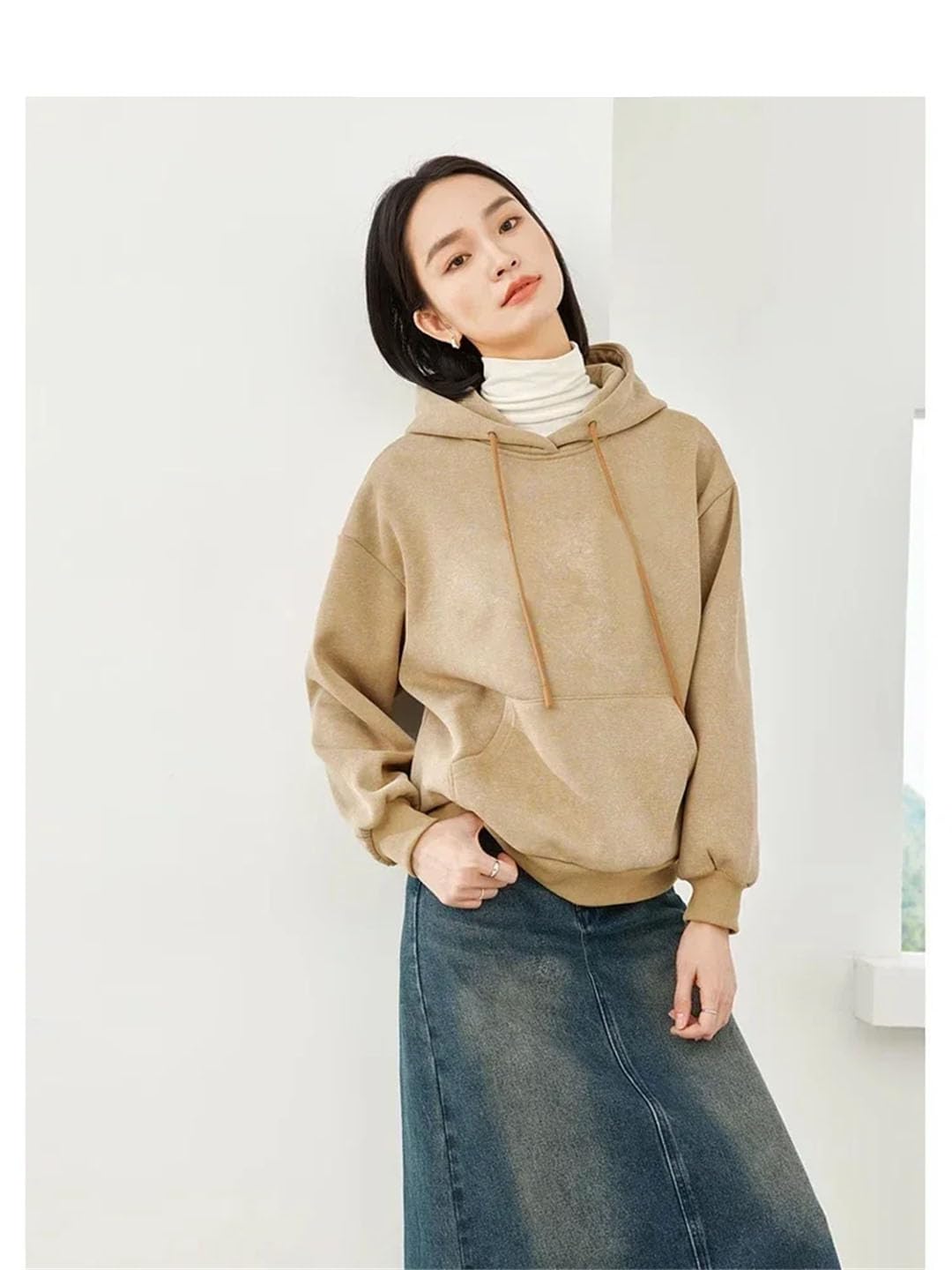 Sudadera con capucha gruesa de forro polar caqui para mujer, sudadera con capucha y letras sueltas, camiseta de manga larga para mujer