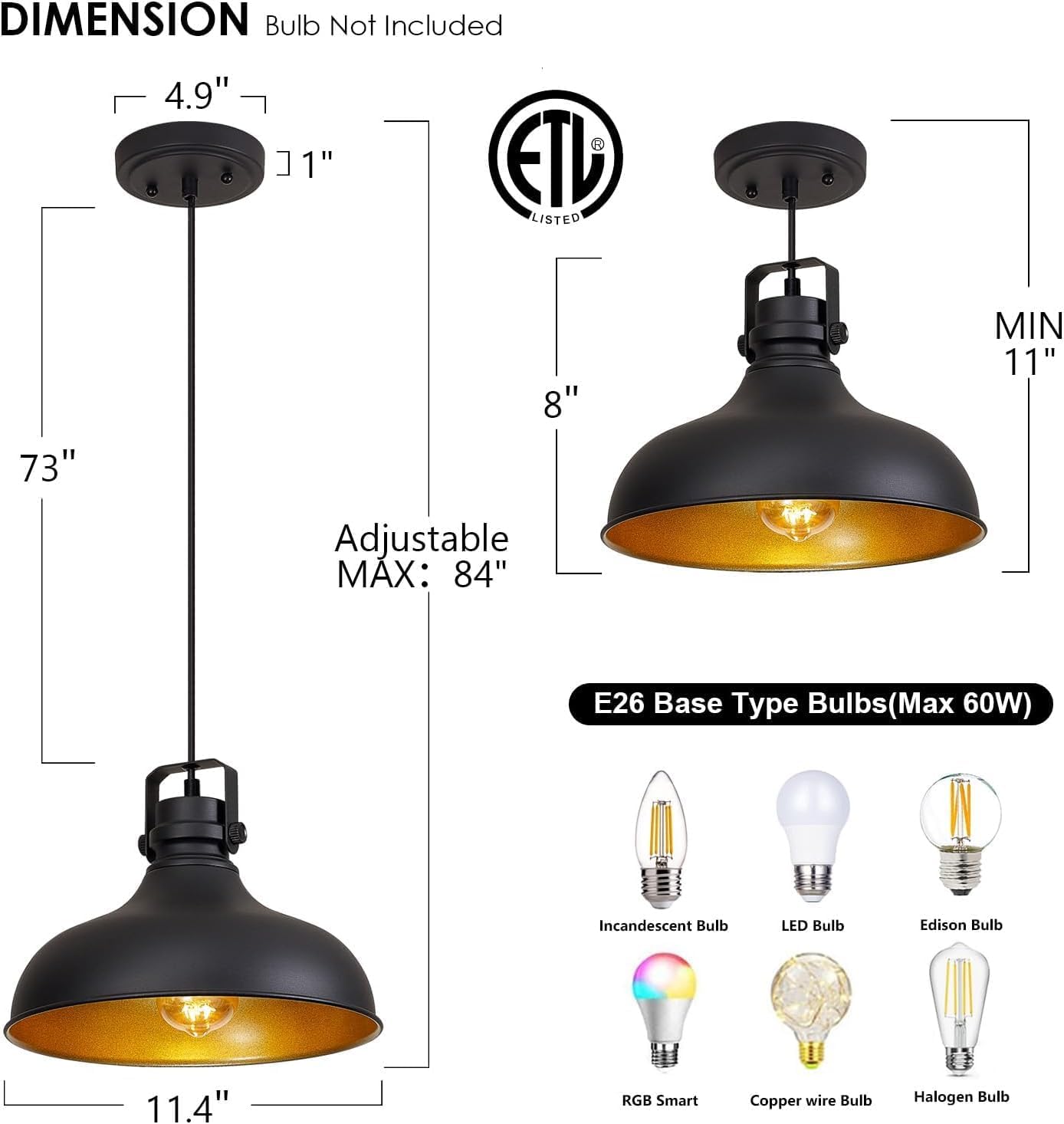 Black Farmhouse Pendant Lights Matte Pendant Lighting for Kitchen Island Industrial Adjustable Height Vintage Dome Hanging Light Fixtures for Barn, Dining Room 2 Packs Standard 2 Packs Black