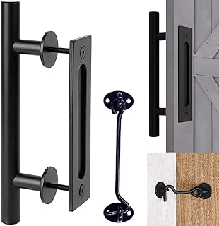 Barn Door Handle, 12" Barn Door Pull Handle, Heavy Duty Rust-proof Gate Pull Handle Matte Black Handle with Door Latch, Barn Door Hardware Kit for Indoor Outdoor Wooden Door Barn Door Sliding Door Cabinet Garage