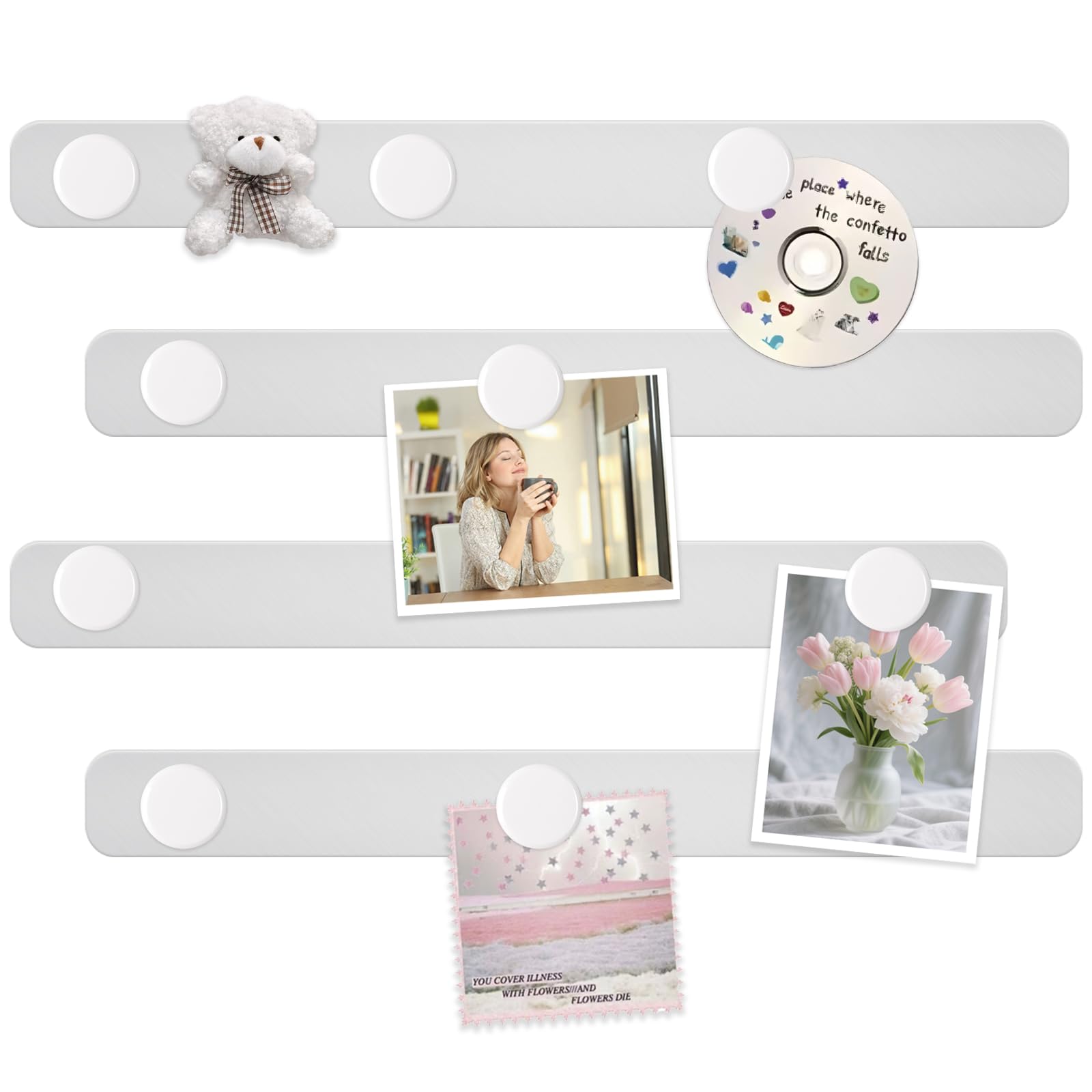 DUJEQM Magnetic Board, Magnet Bulletin Board for Wall - Magnetic Strips with Adhesive Backing, 4Pcs Frameless Stainless Steel Memo Board Bar with 10 White Magnets for Office, Home, Classroom, Fridge