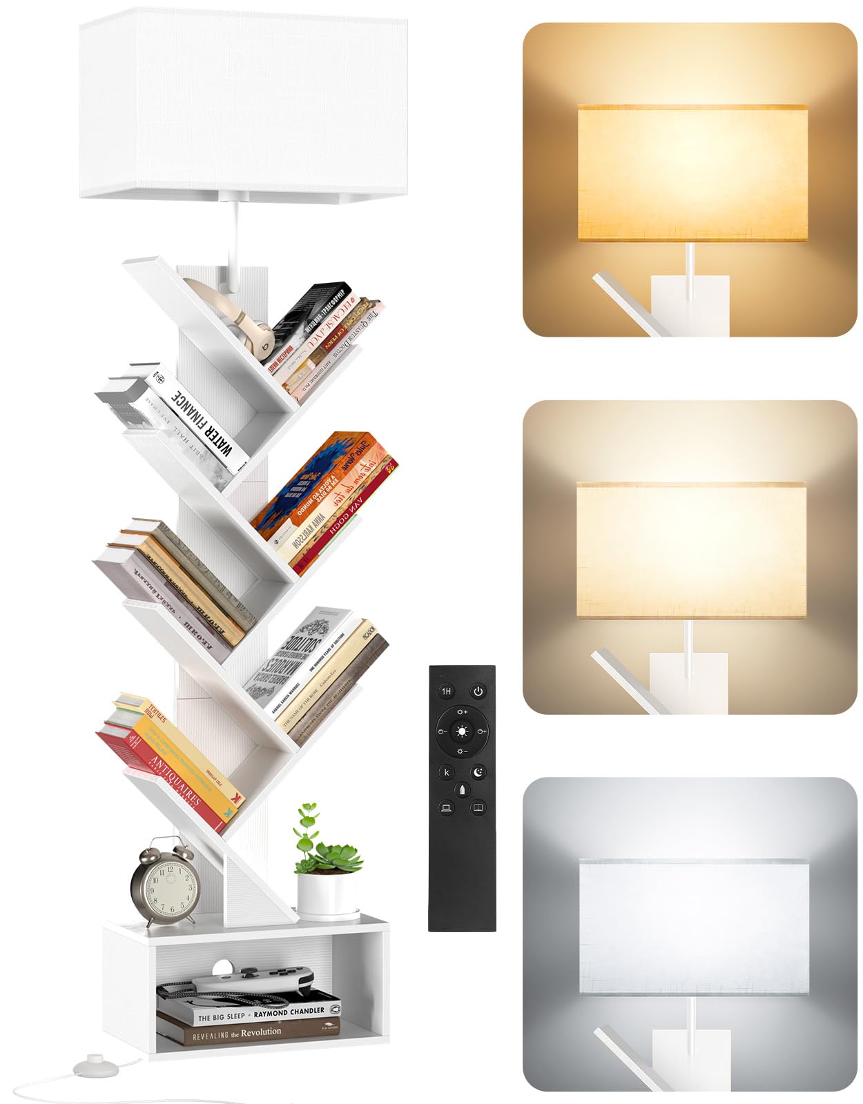 Libreria a Forma di Albero in Legno con Luce, Scaffale Autoportante a 6 Ripiani ad Angolo con Telecomando – Libreria Salvaspazio per Libri, CD, per Soggiorno, Studio, Ufficio (Bianco)