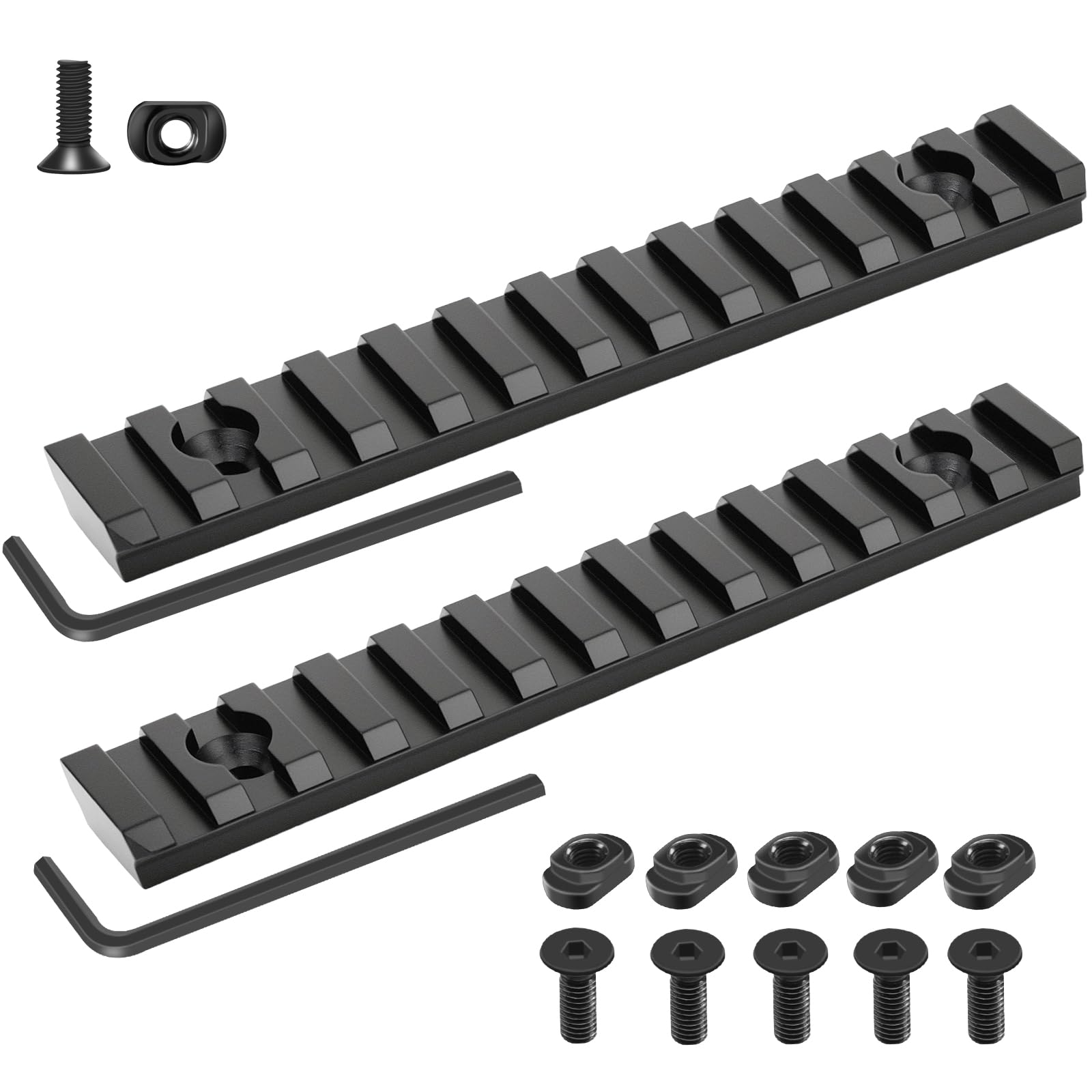 13 Slot Single Picatinny Rail for M-Rails, 2 Pack Aluminum 5.31" Pic Rail Section Picatinny Rails Accessory Adapter with 5 T-Nuts & 5 Screws & 2 Hex Wrench - Black