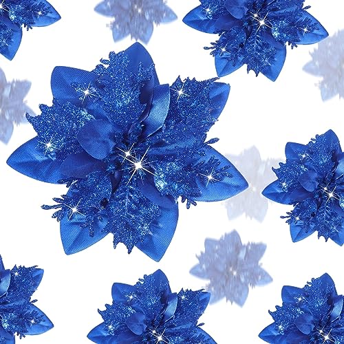 Geosar 24 Christmas Glitter Artificial Poinsettia Flowers Xmas Poinsettia Artificial Wedding Flowers Decorations Xmas Tree Ornaments with Clips for Party Favors 6 Inch 4 Inch 3 Inch (Royal Blue)