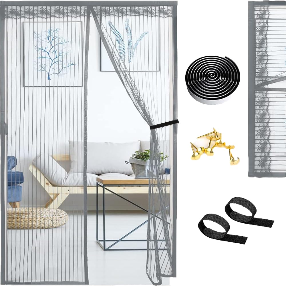 CLOUDFOUR Magnetic Screen Door, 120x220 cm Mesh Curtain with Hook and Loop Installation, Bugs and Mosquito Net Door Curtain with Storage Straps, Kids and Pets Friendly. Hands free Door Curtain (Grey)