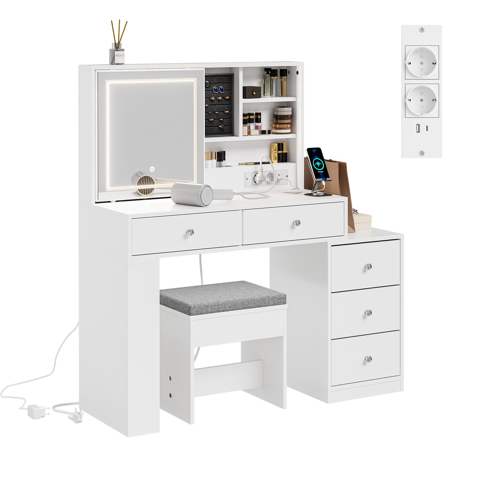Mesa de maquillaje con espejo SoBuy FWT114-E-W para organizar espacios pequeños
