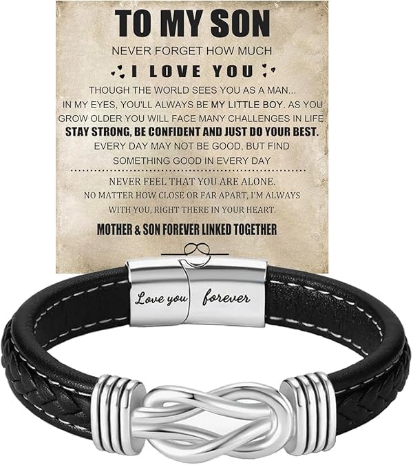 To My Son/Grandson Bracelet From Mom Grandmother, Forever Linked Together Bracelets Infinity Knot Leather Braided Bracelet Black Love You Forever Engraved Bracelet Jewelry Gift