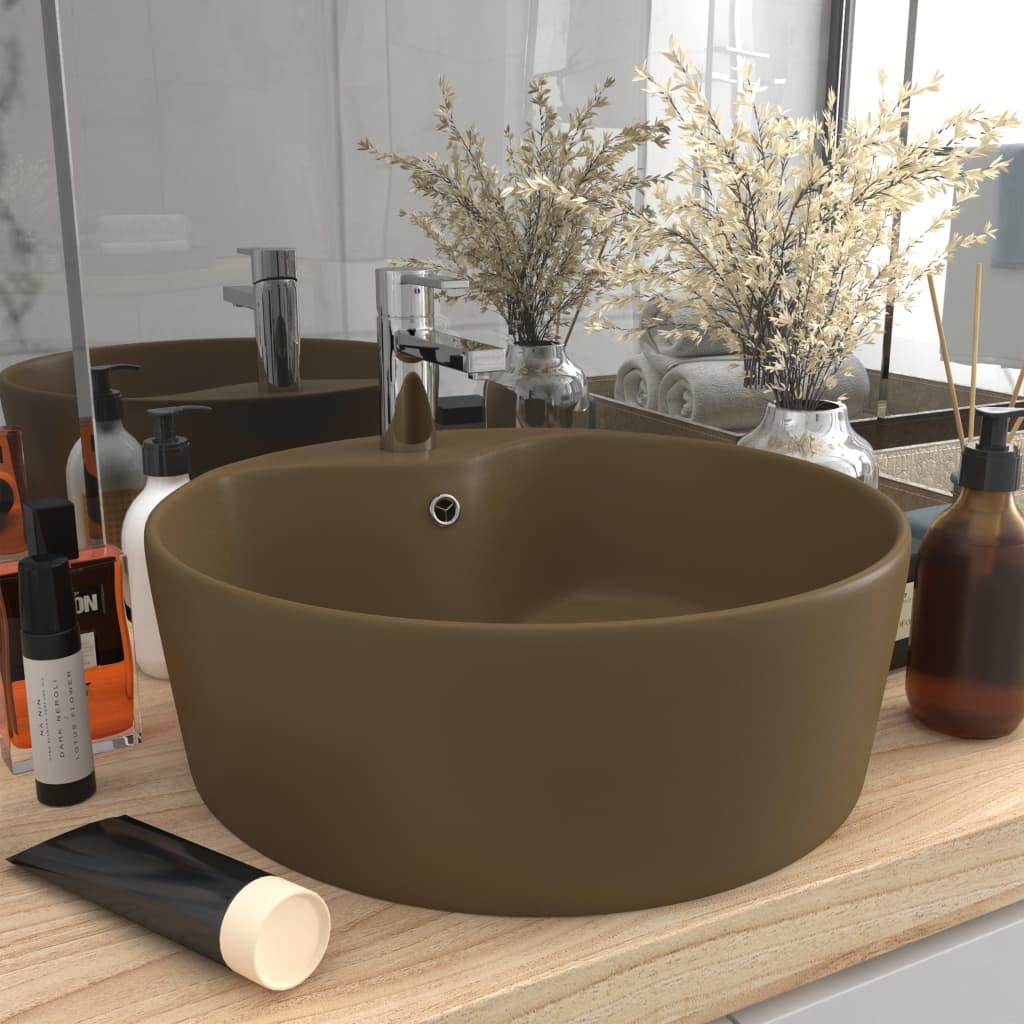 Lavabo di lusso in ceramica color crema opaco, 36 x 13 cm, con troppopieno e foro per rubinetto, per bagno degli ospiti, bagno e ristrutturazione