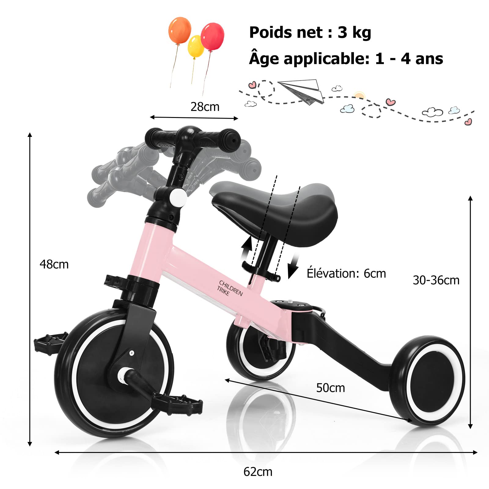Hypermotion Poussette Tricycle Évolutif 12 Mois à 5 Ans – Siège Pivotant, Roues Gonflables, Housse Pluie Incluse – Gris