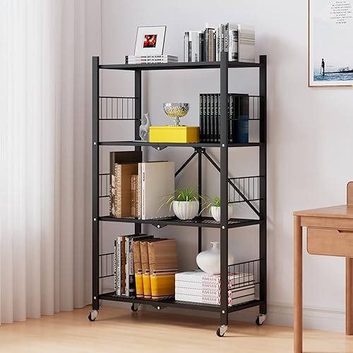 Storage Shelves,Wheeled Folding Steel Wire Shelving,4-Tier Metal Shelves for Storage,Rack Rolling Shelf for Kitchen Warehouse Closet Patio Pantry Basement,Collapsible Shelves No Assembly