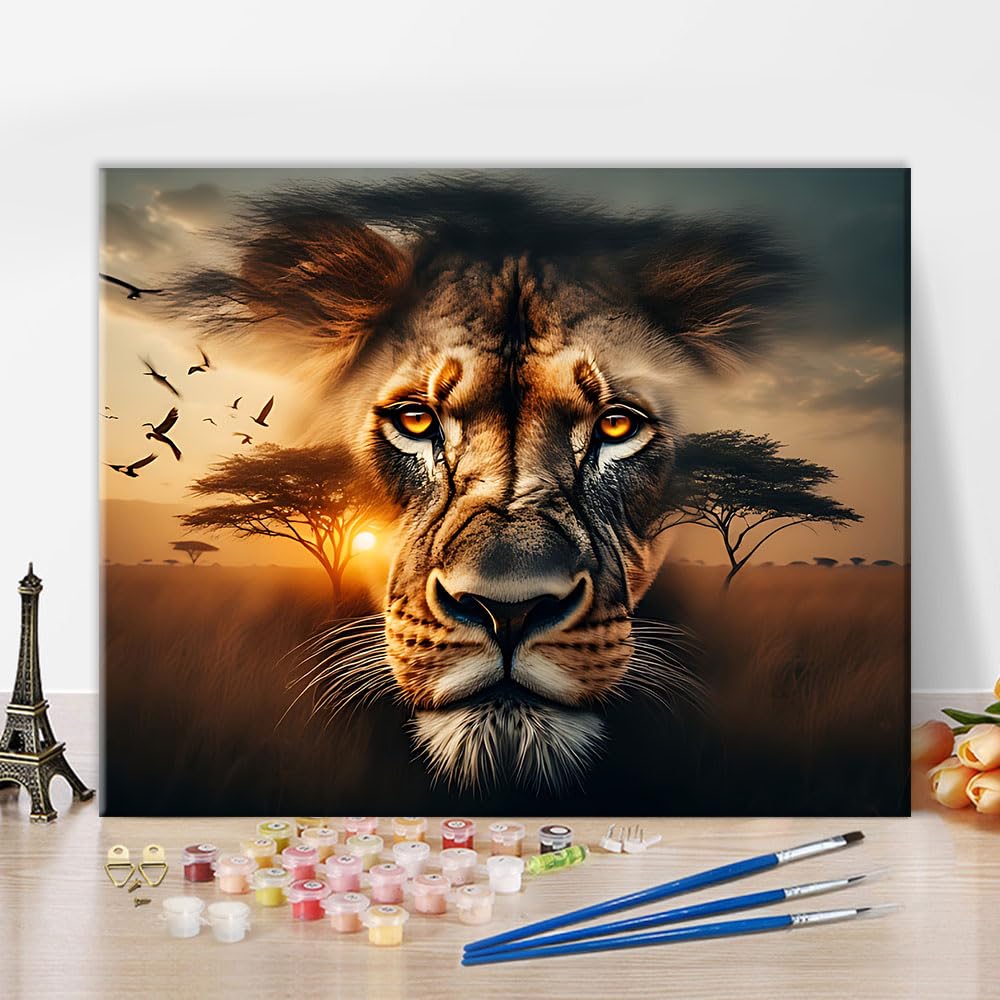 – TISHIRON Paint by Numbers for Adults, Lions Face Merges with an African Savanna Sunset Paint by Number, Painting by Numbers Adult, DIY Painting by Number Canvas Artwork Home Wall Decor, 40x50 cm