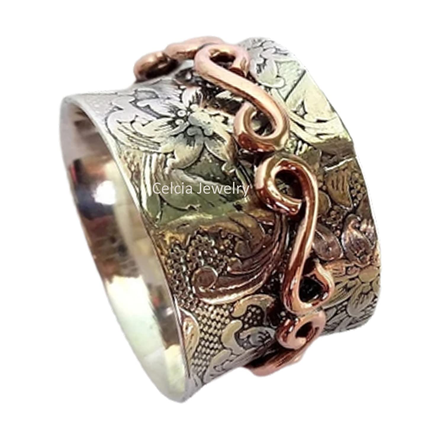 Infinity Spin Band Meditationsring für Frauen, Blumen-Drehring, Statement-Drehring, Daumenring, Strukturierter breiter Band-Silberschmuck, zweifarbiger Ring, einzigartige Geschenke