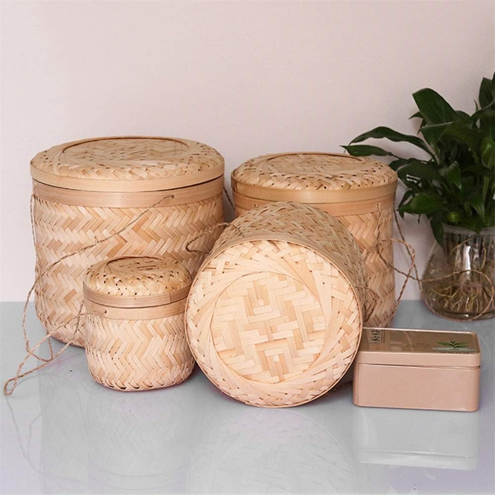 Handmade Straw Woven Storage Basket with Lid Tea-Leaves Snack Rattan Organizer Storage Baskets Needed,12 x 12cm,12 x 12cm