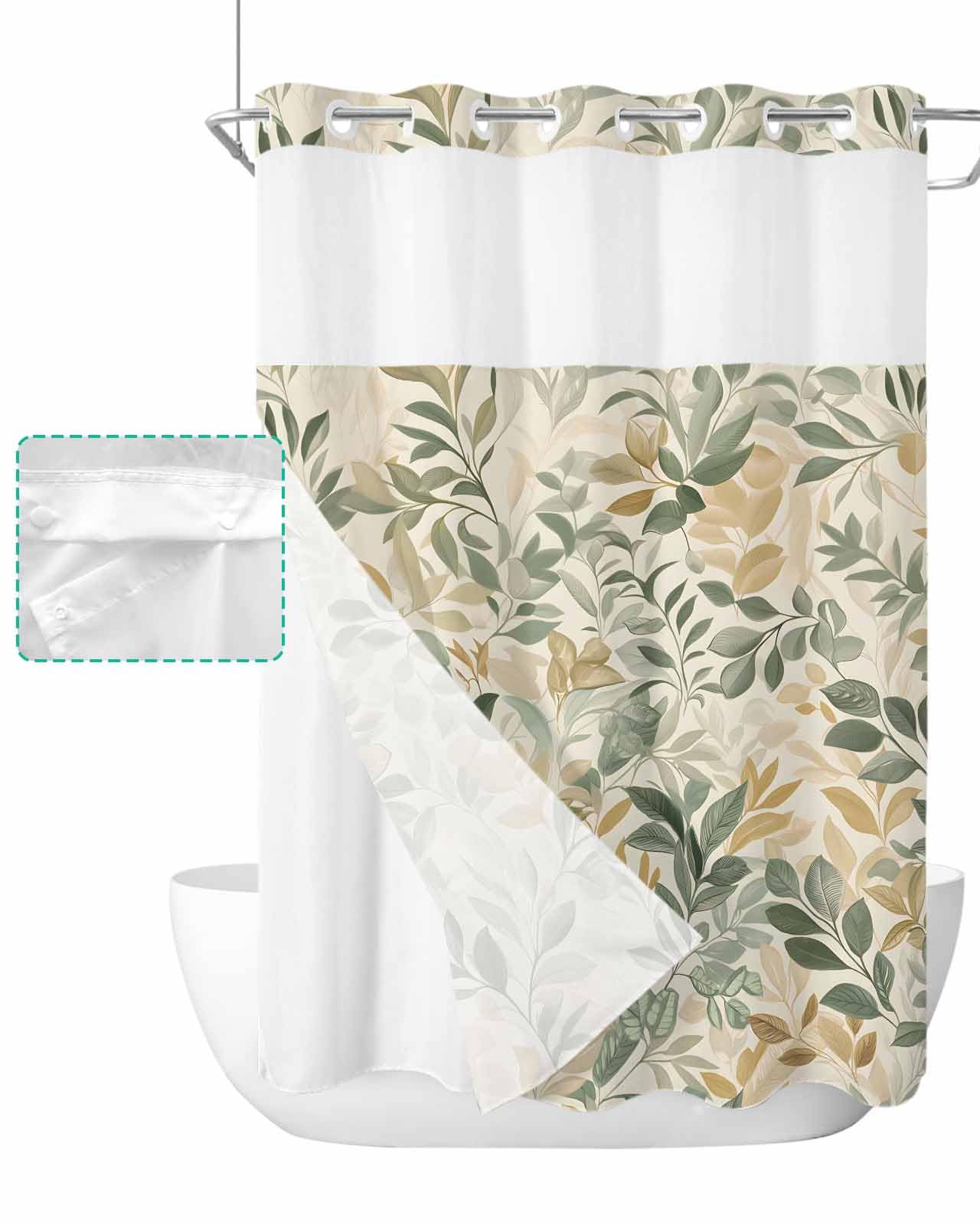 SEVENBABU Leaf Brown Sage Green No Hook Shower Curtain with Snap in Liner Waterproof Fabric Shower Curtain Set for Bathroom Botanical Vintage Beige