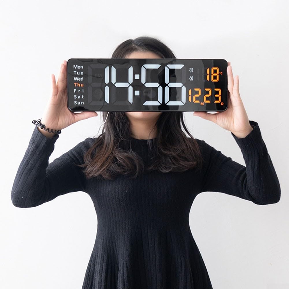 Grande sveglia digitale a LED da parete con calendario e visualizzazione della temperatura, luminosità regolabile a 10 livelli, telecomando, formato 12/24 ore, decorazione per interni per