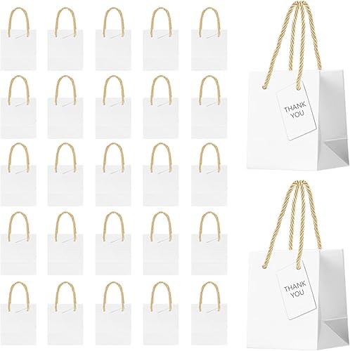 WLUSEAXI Paquete de 25 bolsas de regalo extra pequeñas, mini bolsas de regalo con asas, bolsas de papel blanco con etiquetas de regalo para baby