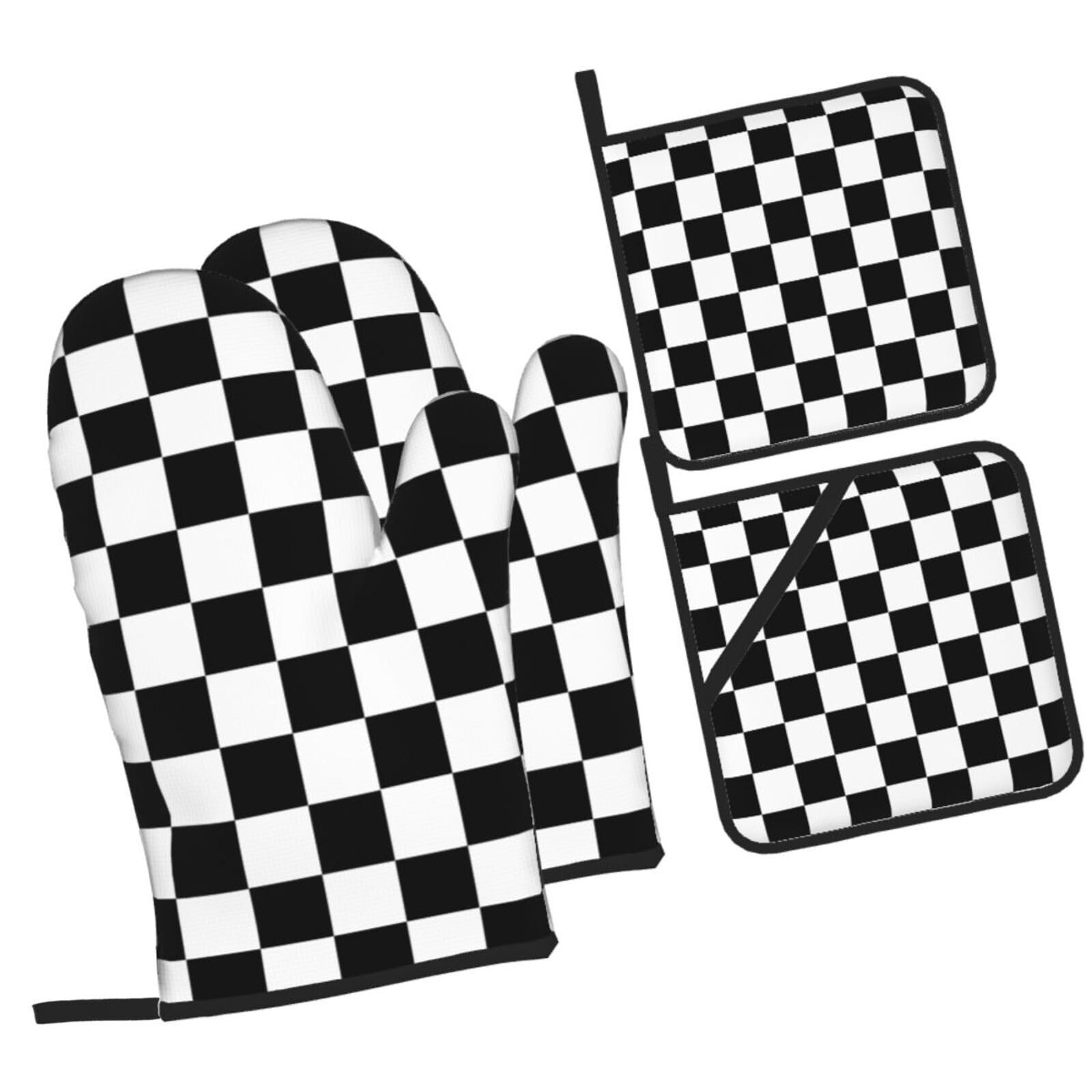 Juego de 4 manoplas de horno y agarraderas con estampado a cuadros en blanco y negro, juego de 4 guantes de horno y agarradera adecuados para barbacoas, hornear, cocinar en microondas