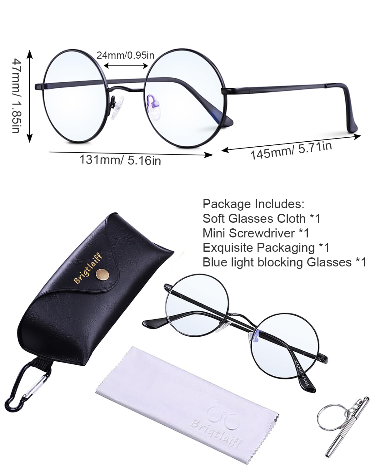 Brigtlaiff Gafas redondas de bloqueo de luz azul para hombres y mujeres, lentes de TV para juegos de computadora, antifatiga ocular con marco de metal, A. Marco negro con funda para gafas