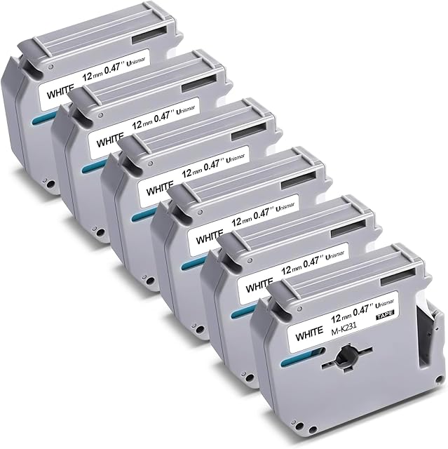 6-Pack Compatible pour Frère M-K231s Touche blanche P M 12mm Ruban d'étiquette 1/2" MK231 M231 M-K231 MK-231 12mm 0.47" Noir sur ruban blanc pour PT-M95 PT-90 PT-65 PT-80 PT-85 PT-70 Recharges de fabricant d'étiquettes