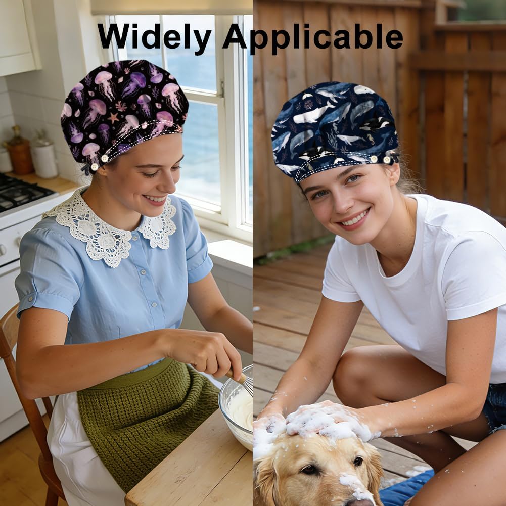 2pcs Bouffant Scrub Caps Cotton Nurse Scrub Hats with Button and Sweatband Adjustable Caps for Women Men Housework