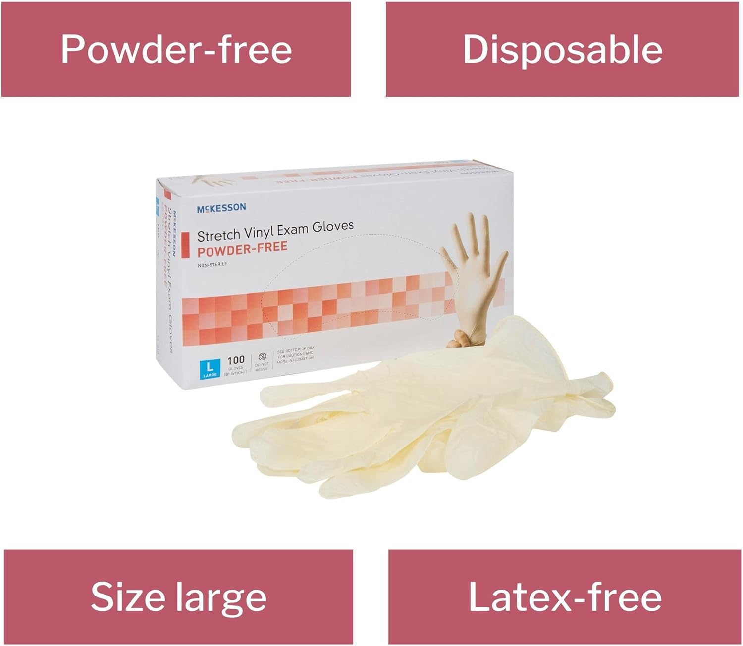 McKesson Stretch Vinyl Exam Gloves, Non-Sterile, Powder-Free, Large, 100 Count, 1 Box
