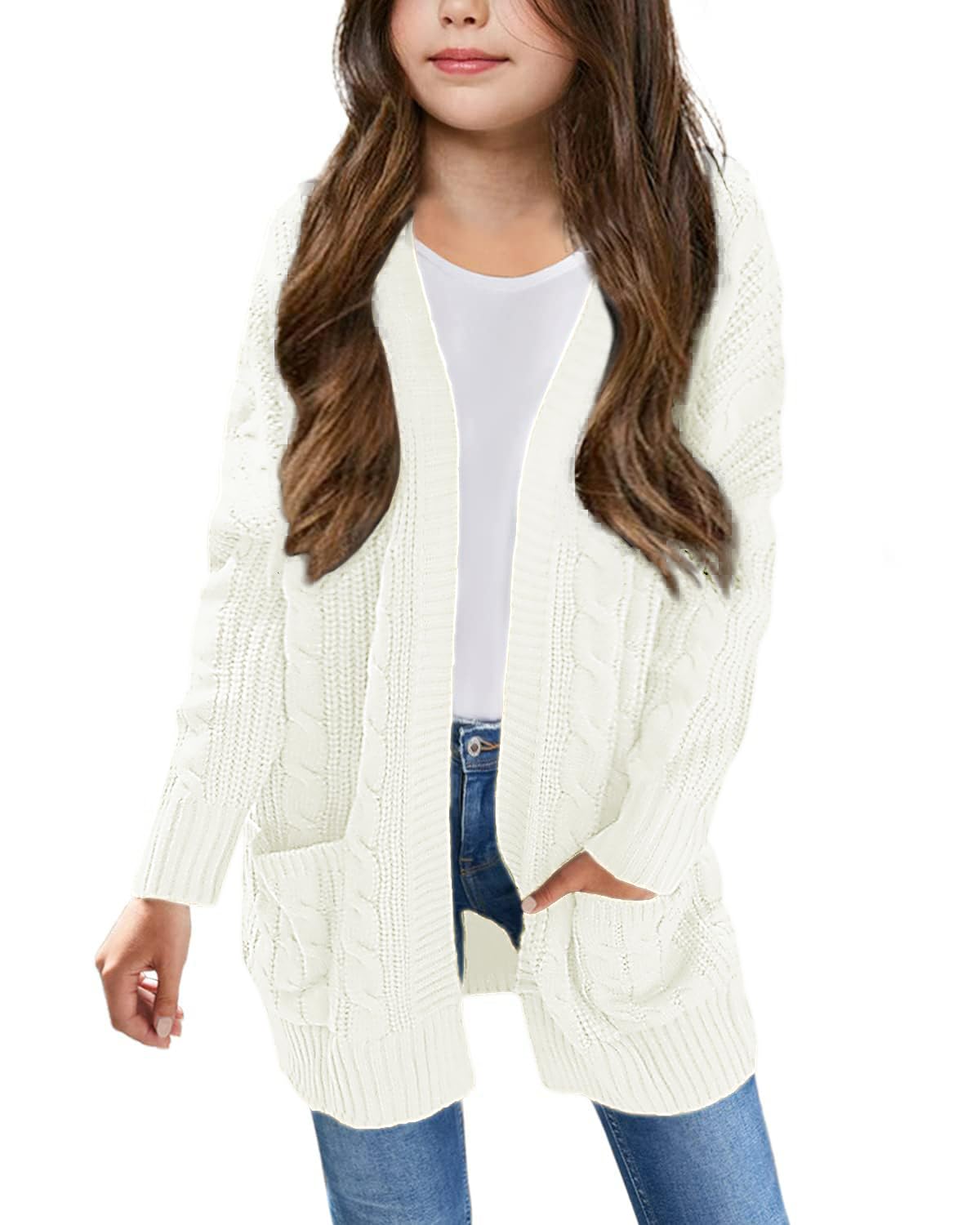 Arshiner Girls Open Front Cardigan Long Sleeve Casual Kids Fall Clothes Solid Thick Chunky Sweater Coat with Pockets
