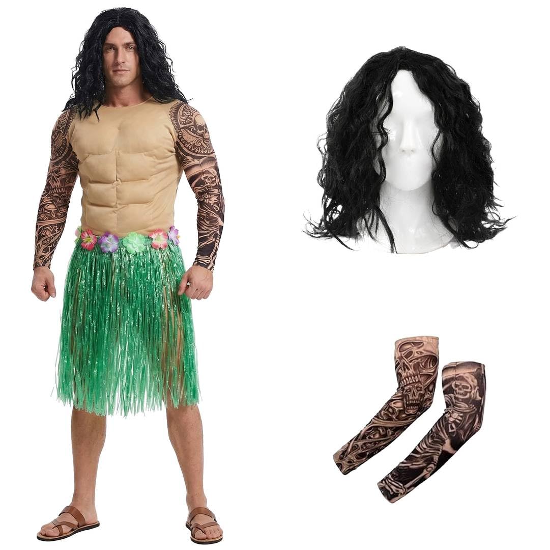 Hawajski kostium Demi God strój na klatkę piersiową ze spódnicą hula, beżowy kostium, rękawy tatuażowe, wyspa, wojownik, fantazyjny kostium, mityczny kostium bohatera, na imprezę, Halloween
