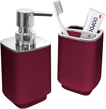 2Pcs Burgundy Bathroom Set, Square Boho Soap & Toothbrush Holder Set | Thick shatterproof ABS, electroplated rust-proof pump, drip-free, multi-slot holder, dustproof lids, easy-clean
