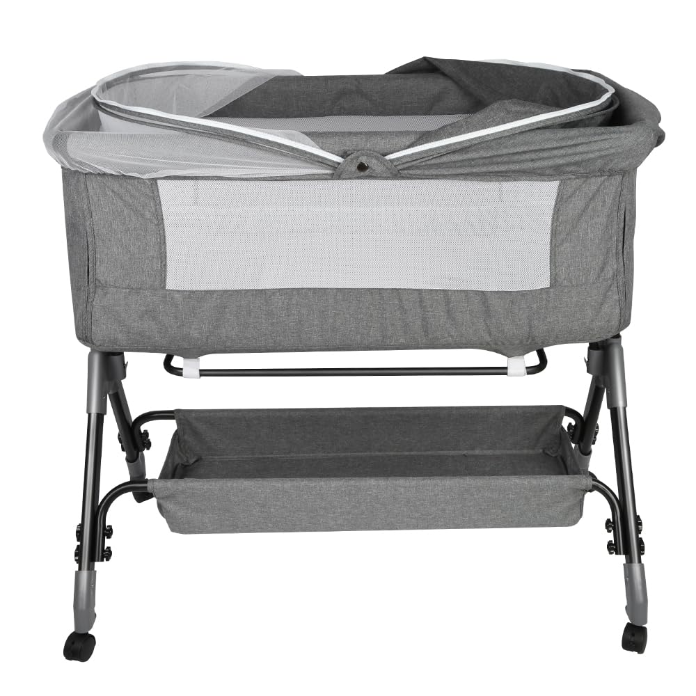 LANTUS Lit Cododo Bébé 3 en 1, Berceau Cododo avec Matelas et Moustiquaire, Berceau Bébé, Capacité de Charge 50KG, Compact en 3 Secondes, Facile à Transporter, 104 * 52 * 100-110cm-Gris Lin