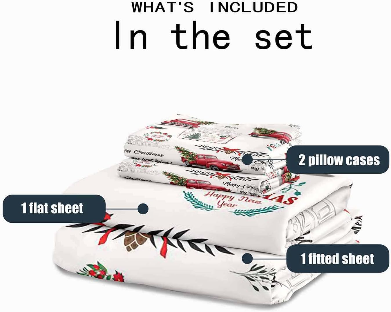 LUVIVIHOME 4PCS Red Truck Sheets Set, Full Bed Sheets, Beige Sheets, Rustic Farmhouse Poinsettia Xmas Tree Winter Holiday New Year Christmas Bedding, 1 Fitted Sheet & 1 Flat Sheet with 2 Pillowcases