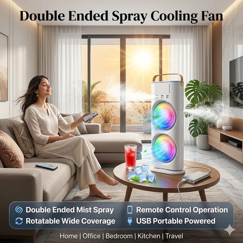 Image of Drumston (10 Years Assured Warranty) Double Ended USB Spray Cooling Fan Portable Air Cooler with Remote Control Mist Humidifier for Bedroom Office Kitchen Home Travel Use