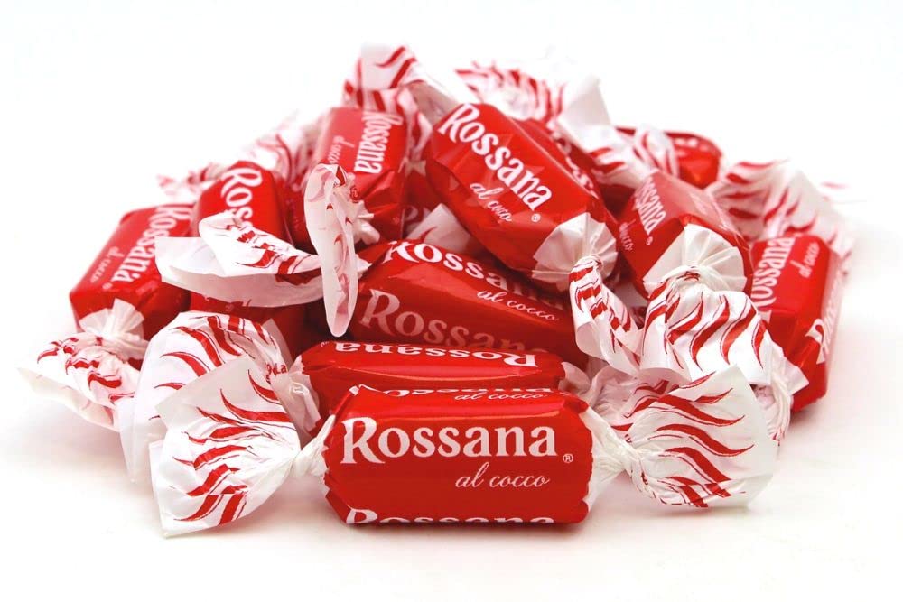 6 caramelos duros Rossana al Cocco Caramelle Candies con relleno cremoso a base de leche y coco, sin gluten, 1 kg de bolsa + italiano Gourmet Polpa di Pomodoro 400 g en lata