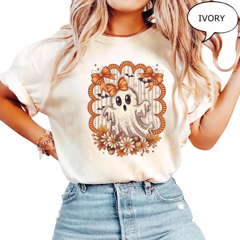 Vintage Floral Ghost Halloween Shirt – Cute Spooky Fall Graphic Tee – Bow Aesthetic Comfort Colors T-Shirt4