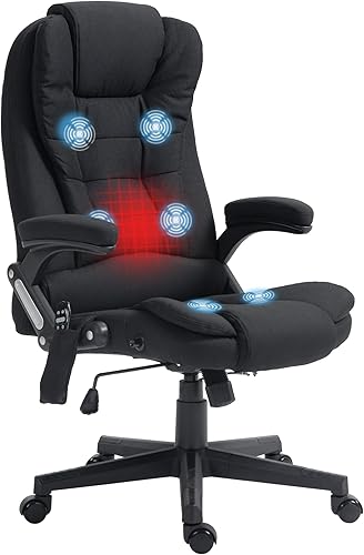 HOMCOM Silla de oficina de masaje vibratorio de 6 puntos con calor, silla de oficina ejecutiva de lino con respaldo alto y respaldo reclinable,