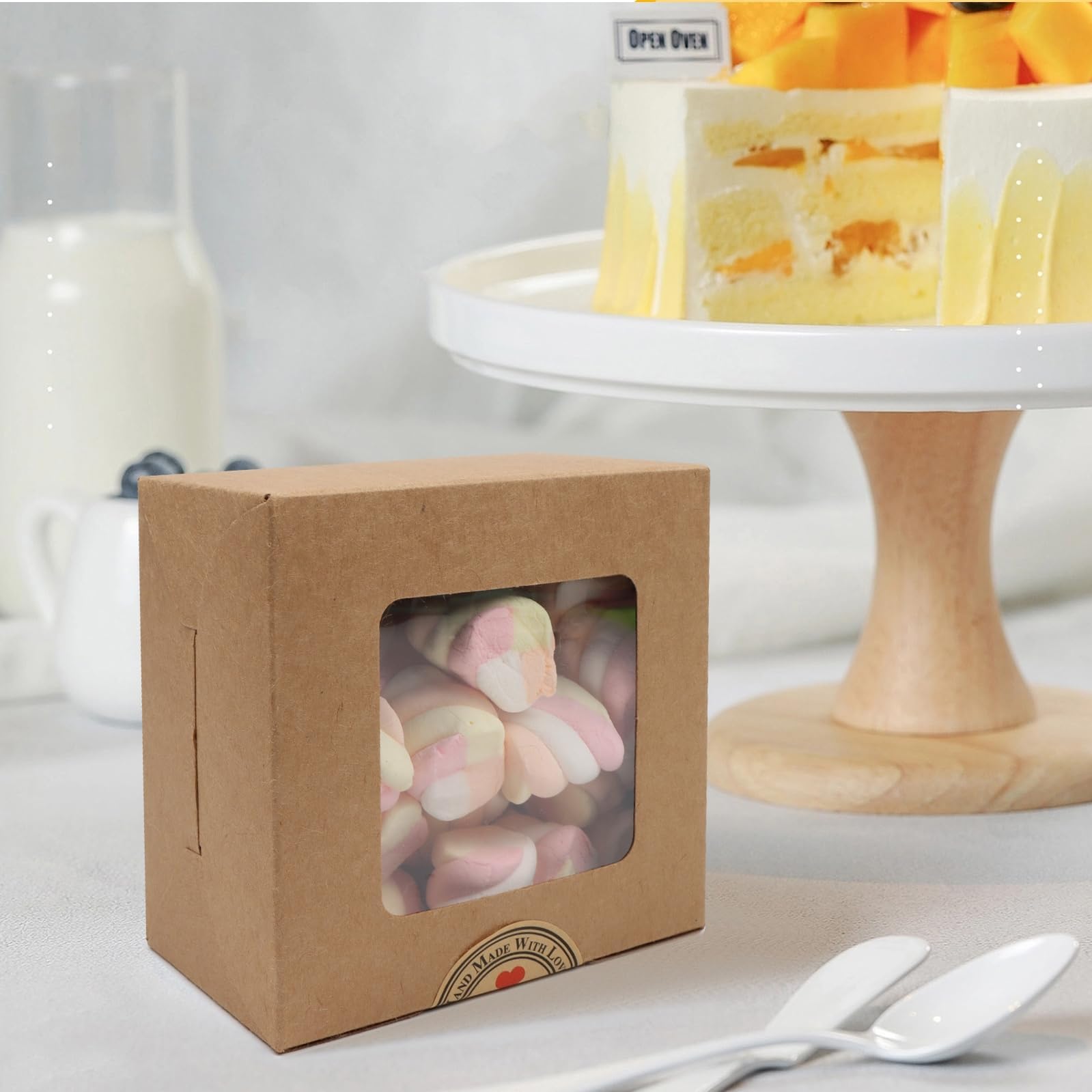 JOYSKY 20 Pcs Brown Cupcake Boxes Paper Cake Box Bakery Pastry Boxes with Windows and 24 Stickers Kraft Candy Boxes for Cupcakes Desserts Pastries Cookies Small Cakes Candy Pies & Gifts - Image 4