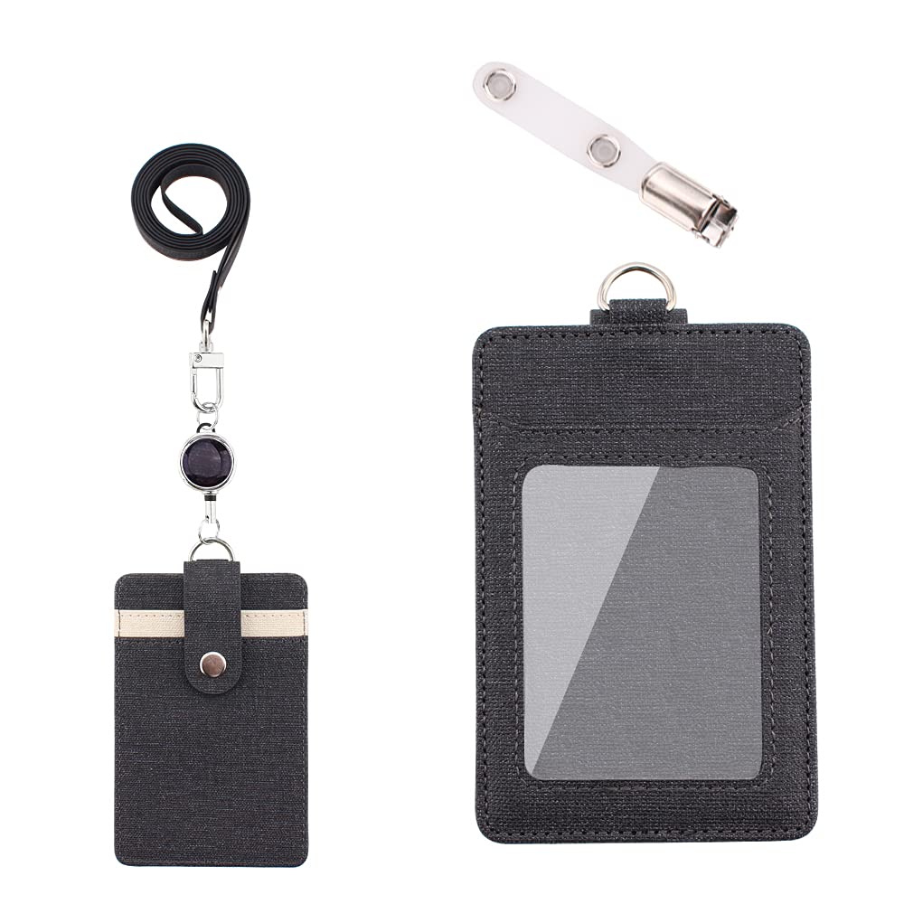 RJ-SportLeather Badge Holder and Adjustable Retractable Lanyards, Safety Breakaway Lanyards with Swivel Metal Clasp for Offices, Staff, Students, Employees Vertical Black