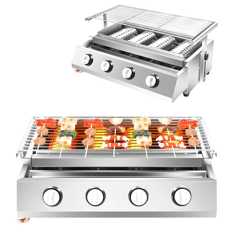 Barbecue à gaz en acier inoxydable - 4 plaques de cuisson GPL - Barbecue de table avec bac récupérateur d'huile amovible et réglable en hauteur