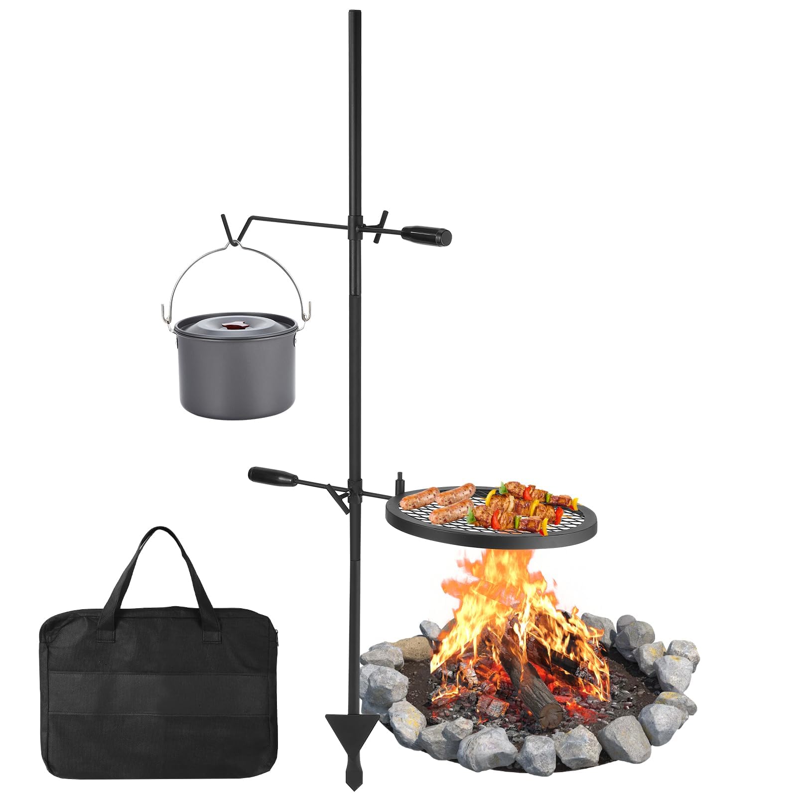 Swivel Campfire Grill, 62cm Open Fire Grate Pit,Over Fire Camp Grill with Carrying Bag, Adjustable Swivel Grill-Grate and Hanger Rod for Outdoor Camping Barbecue (Pot Not Included)