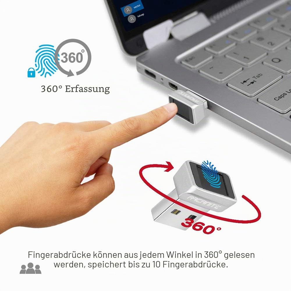 ARCANITE USB-Fingerabdruckleser für Windows 11/10 Hallo, 0,05 s 360-Grad-Sensor-Sicherheitsgerät