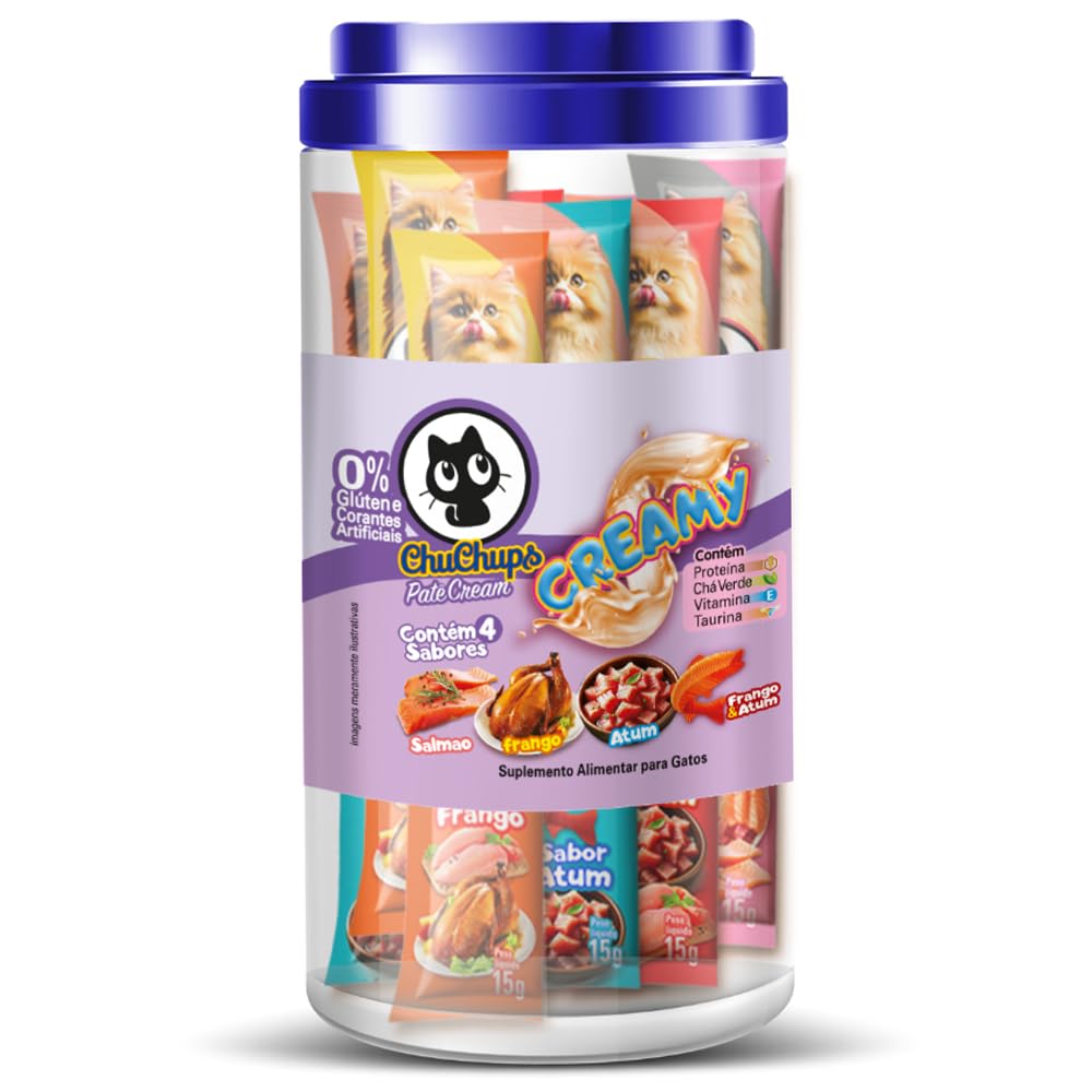 Chuchups Petisco para Gatos Pote 24 Unidades com 4 Sabores Sortidos (6 Atum, 6 Frango, 6